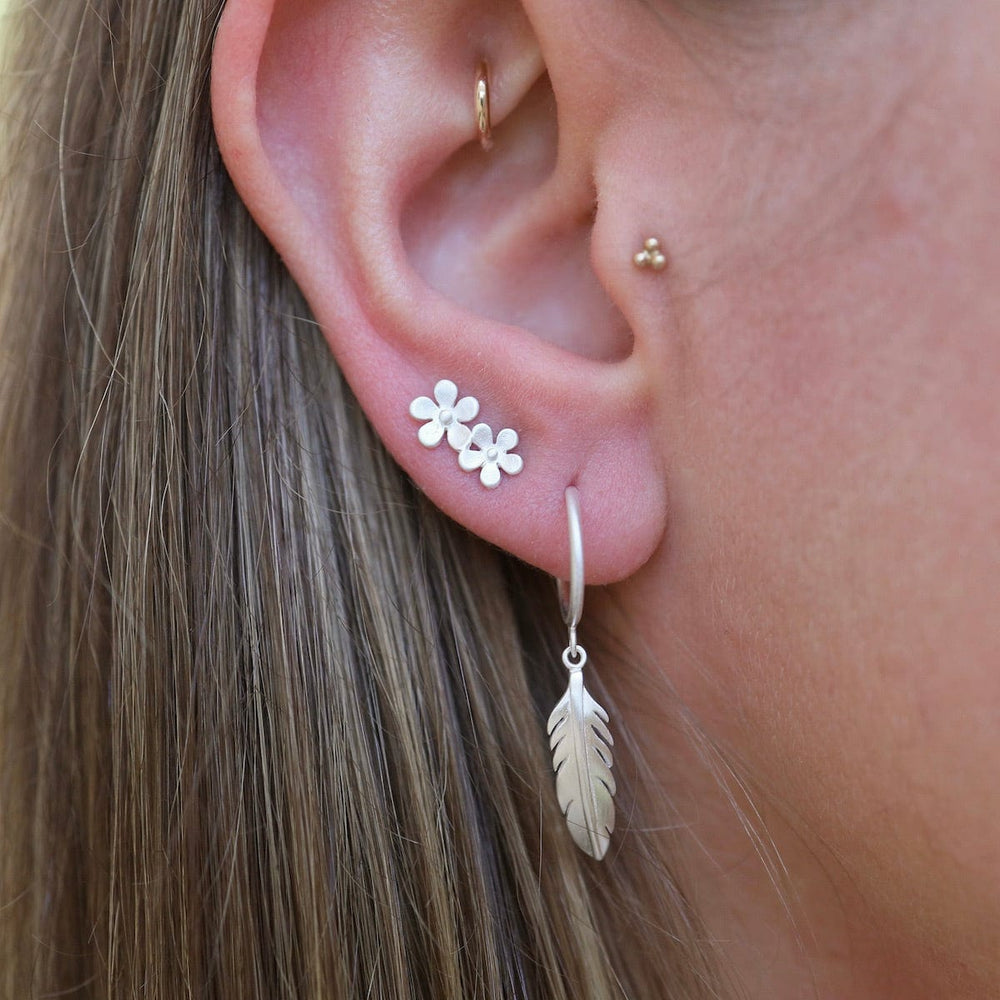 EAR Brushed Sterling Silver Hoops With Feathers