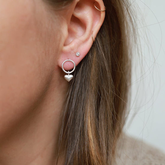 EAR Circle Post with Hanging Puffed Heart - Brushed Sterling Silver