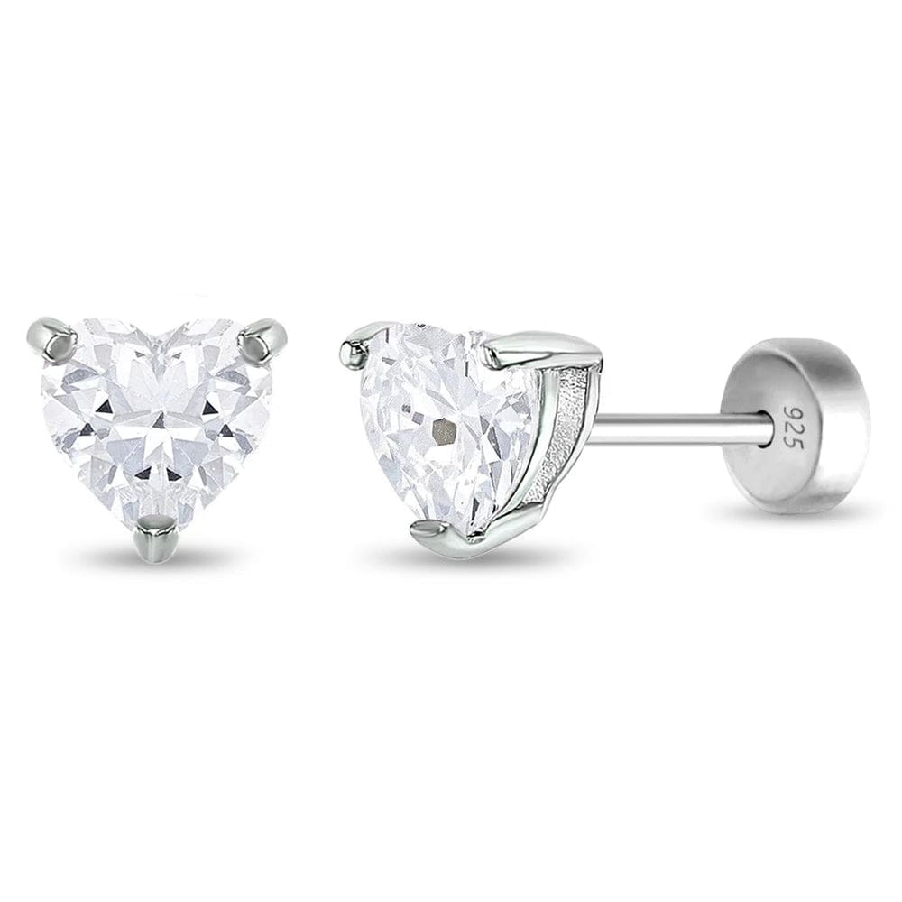 EAR Clear CZ Heart Solitaire Children Earrings - Screw Back