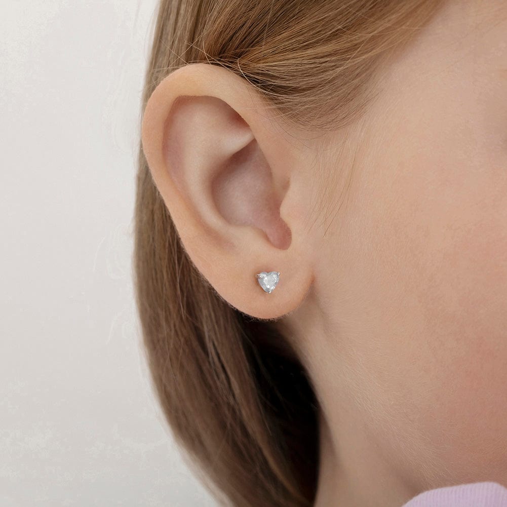 EAR Clear CZ Heart Solitaire Children Earrings - Screw Back