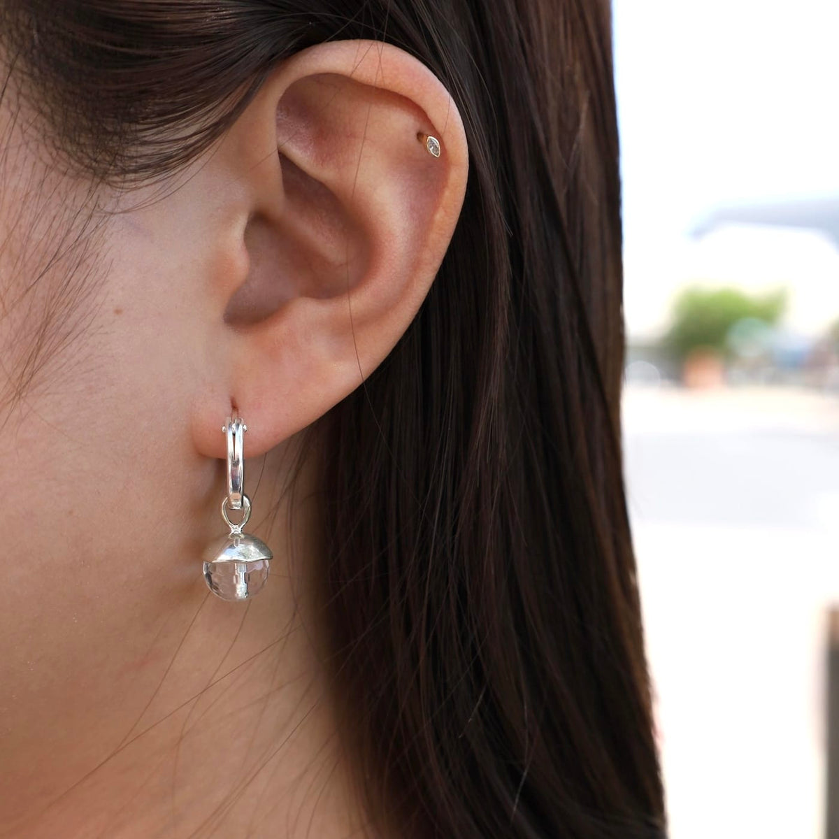 EAR Clear Quartz Bell Hoop Earrings