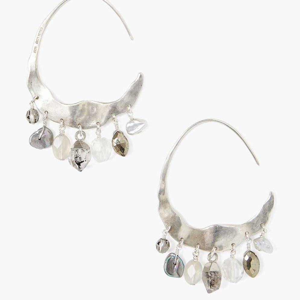 EAR Crescent Grey Pearl & Herkimer Mix Silver Hoop Earrings