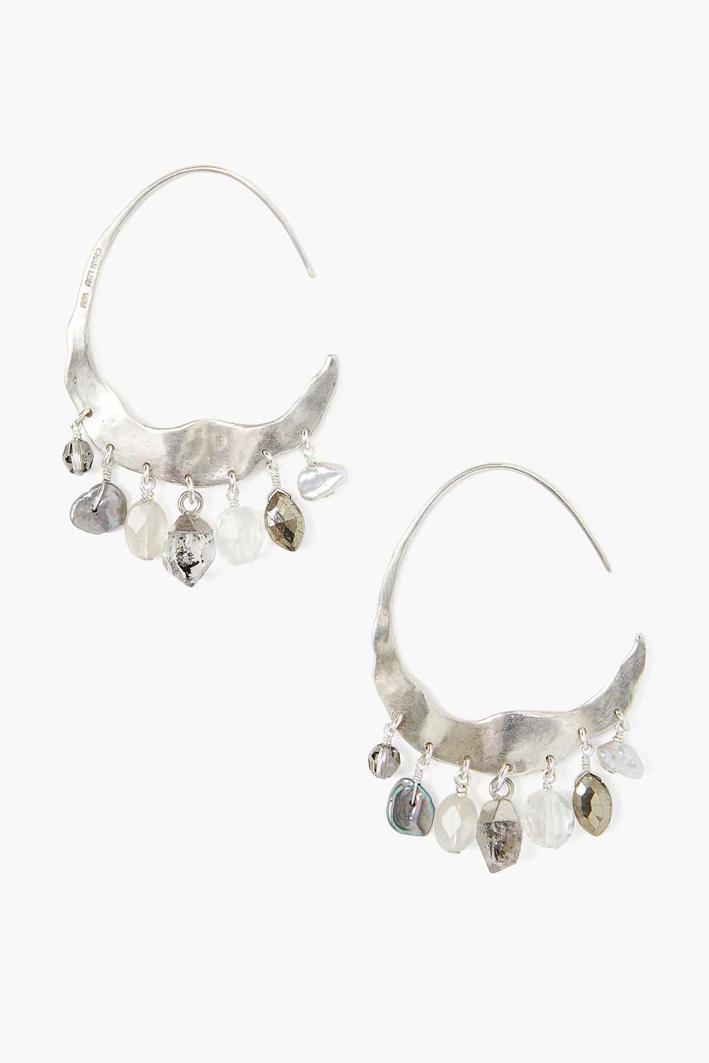 EAR Crescent Grey Pearl & Herkimer Mix Silver Hoop Earrings