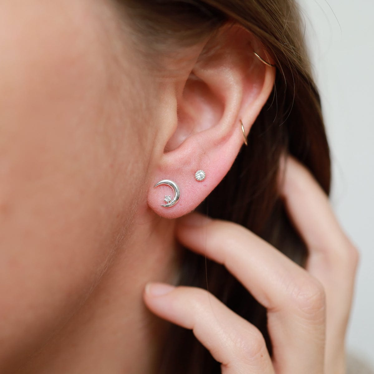EAR Crescent Moon with CZ Stud Earring - Sterling Silver