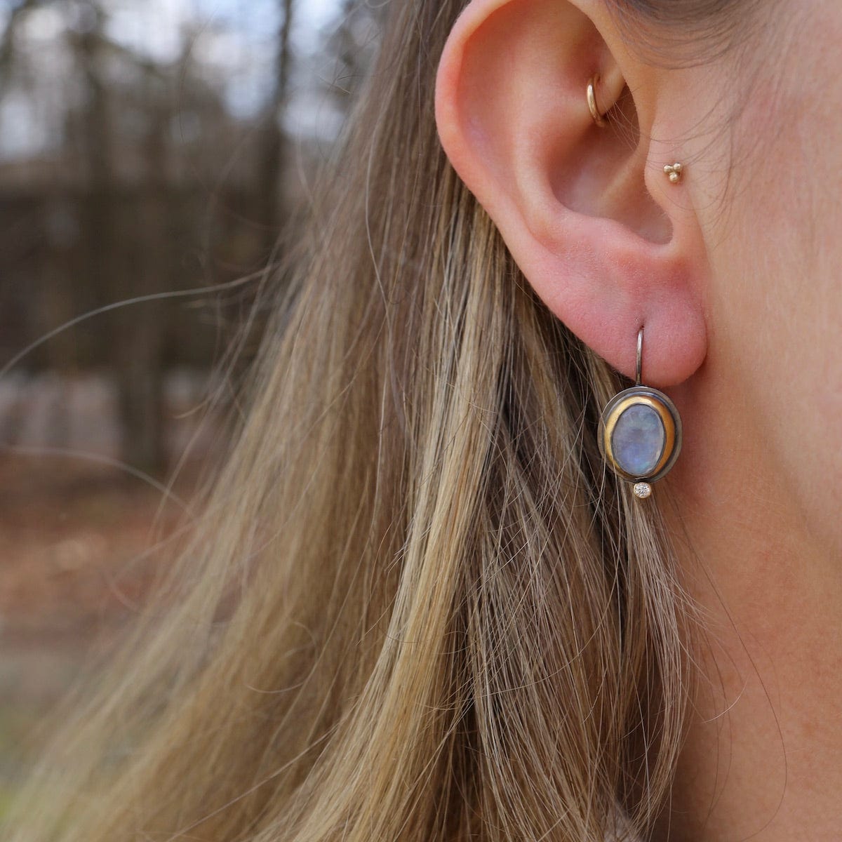 Crescent Rim Hook Earrings with Rainbow Moonstone & Diamond – Dandelion  Jewelry