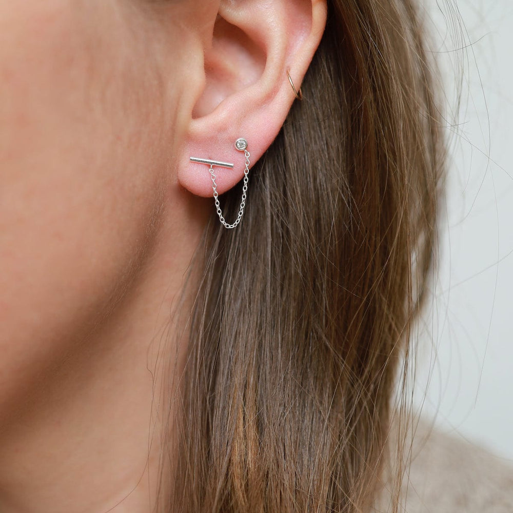 EAR CZ & Bar with Chain Double Pierced Studs - Sterling Silver