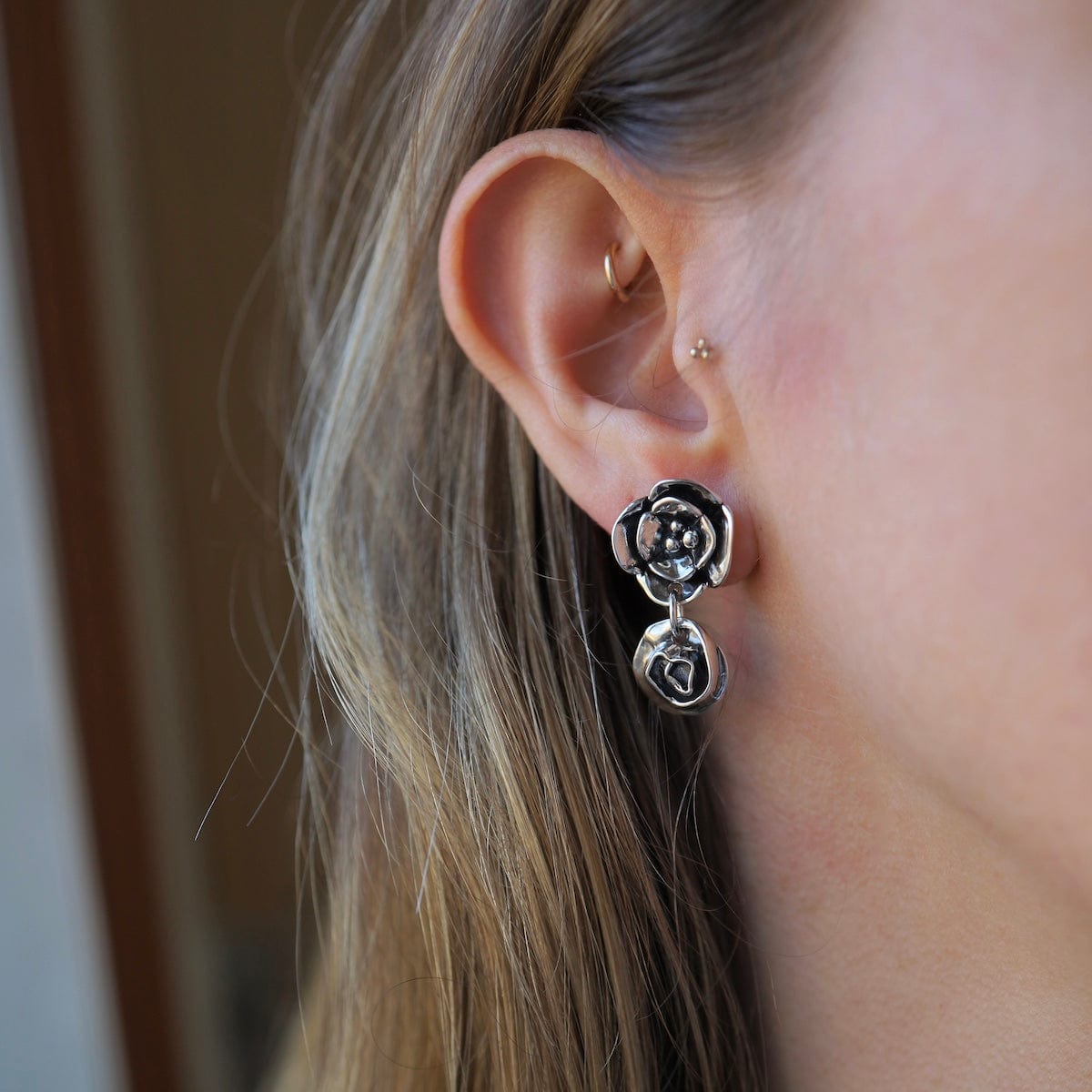 EAR Double Dogwood Post Earrings with Small Rose Drop