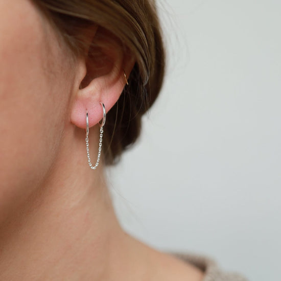 EAR Double Pierce Hoops with Chain - Sterling Silver