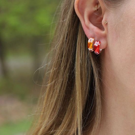 EAR Enamel Flower Hoops - Red
