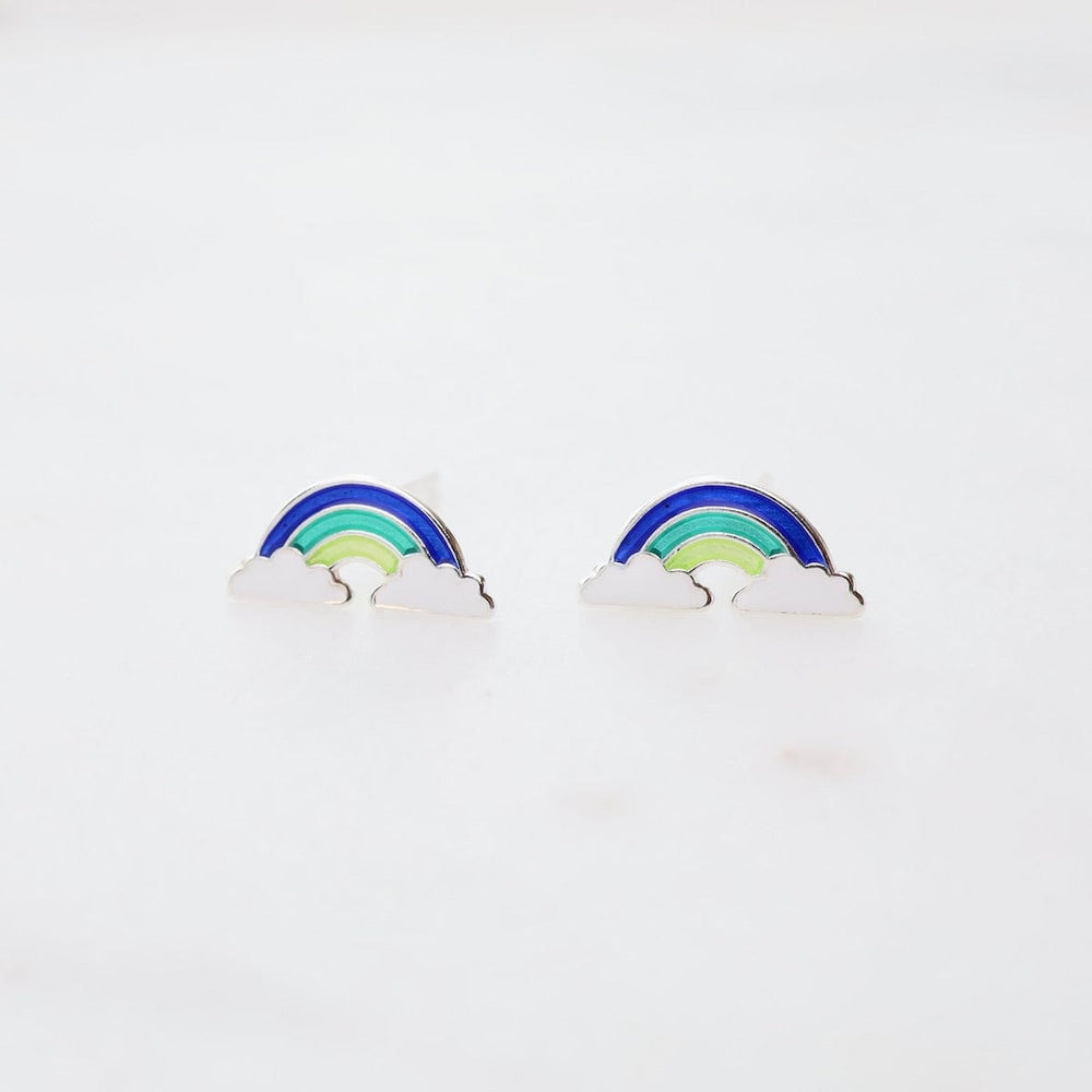 EAR Enamel Rainbow in Clouds Post Earrings - Blue, Teal, & Yellow