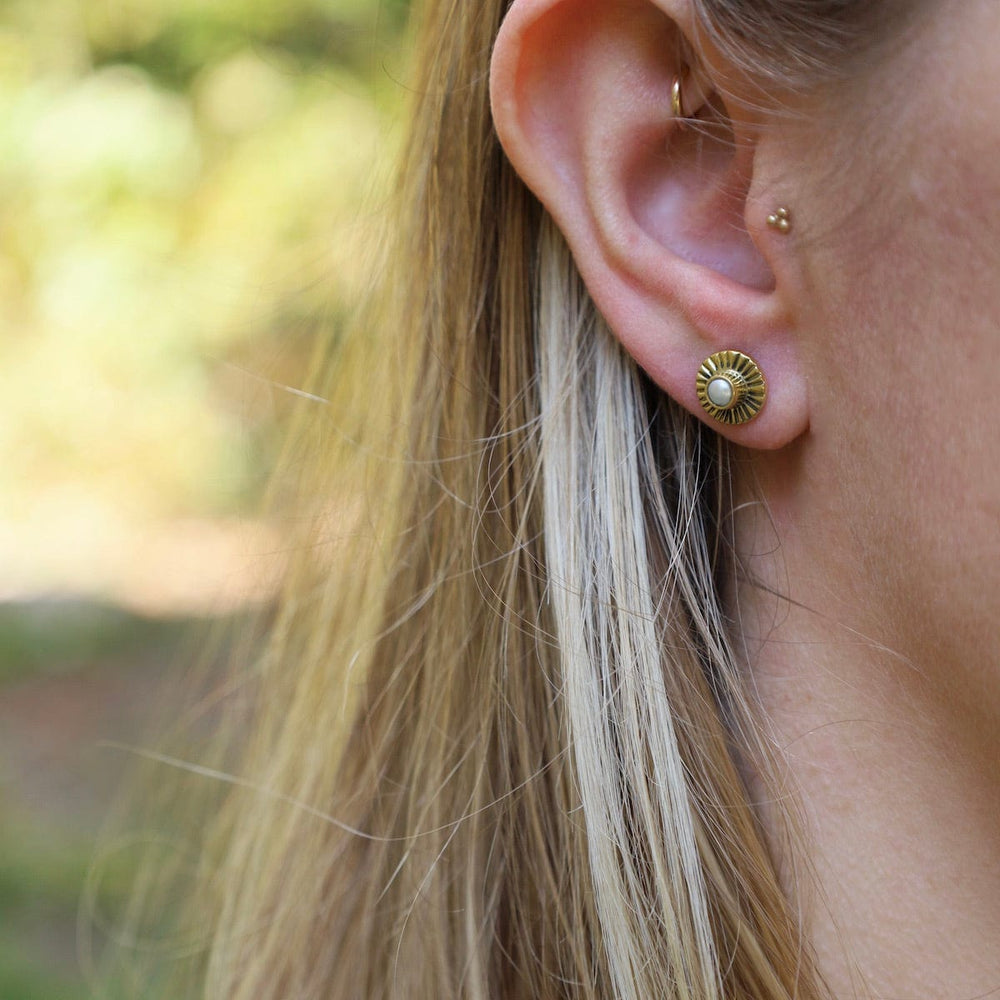 EAR Etched Solid Brass Flower Studs with Pearl