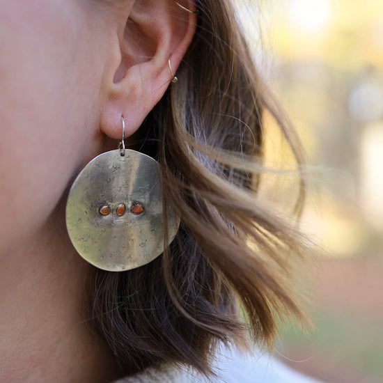EAR Extra Large Sterling Silver Disk with 3 Copper Dots Earring