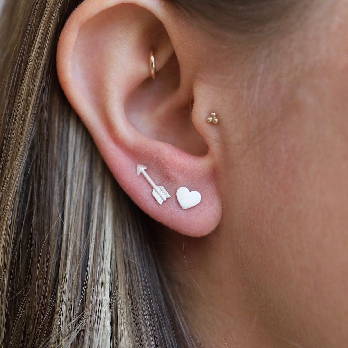 EAR Flat Heart & Arrow Mixed Stud Earrings - Brushed Sterling Silver