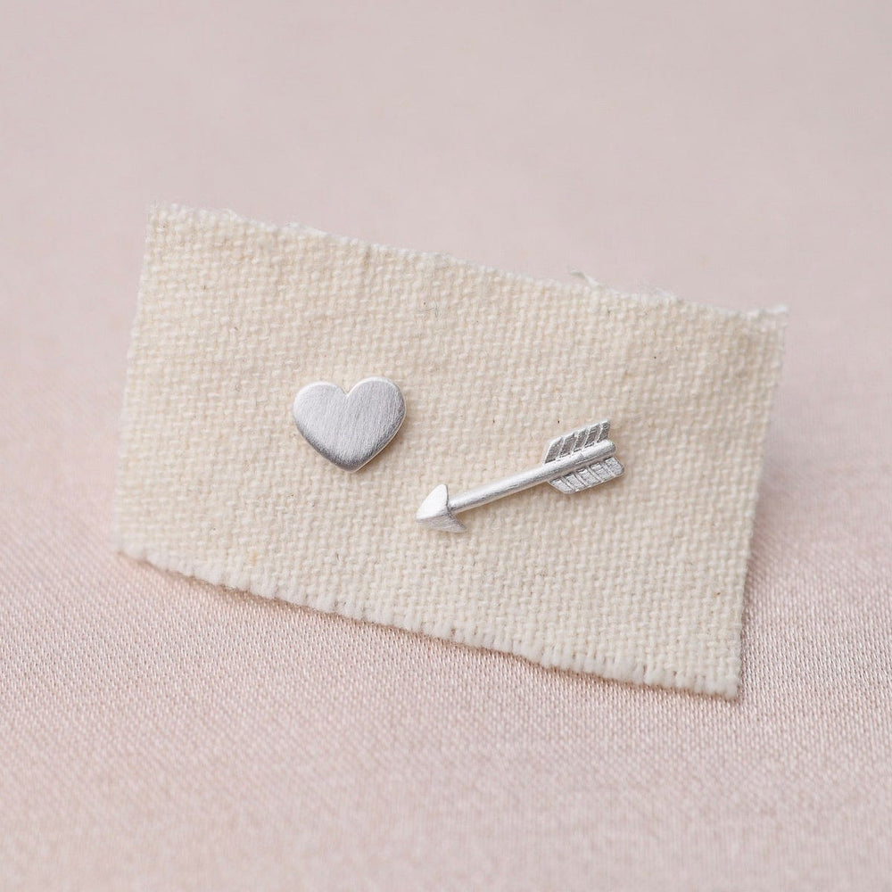 EAR Flat Heart & Arrow Mixed Stud Earrings - Brushed Sterling Silver