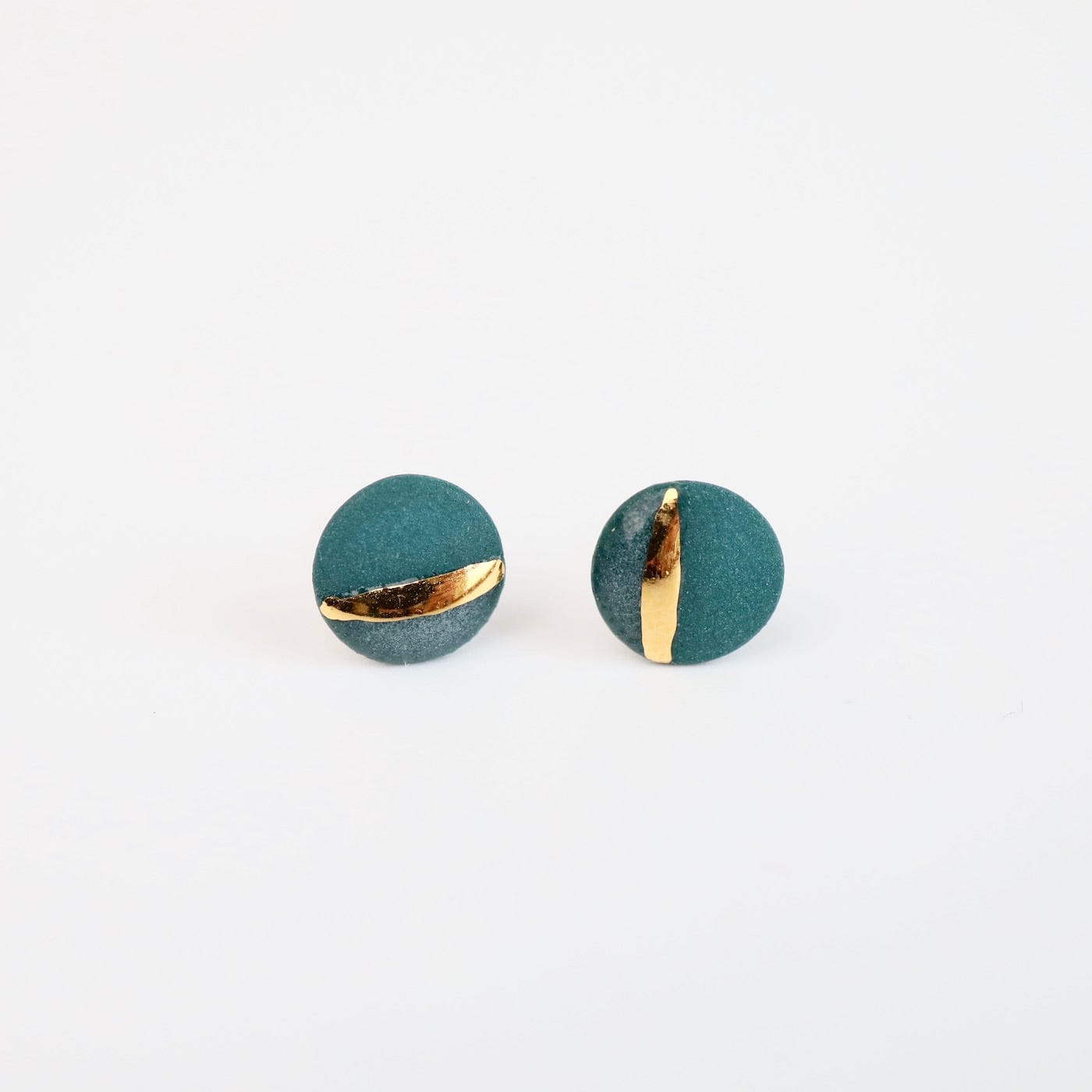 EAR-GF 22k Gold Striped Flat Porcelain Circle Studs - Teal