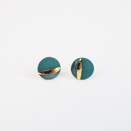 Load image into Gallery viewer, EAR-GF 22k Gold Striped Flat Porcelain Circle Studs - Teal
