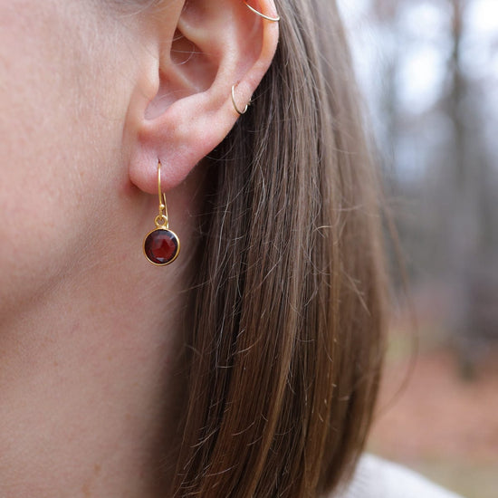 EAR-GF 8mm Round Gold Filled Bezel Set Red Garnet Drops Earrings