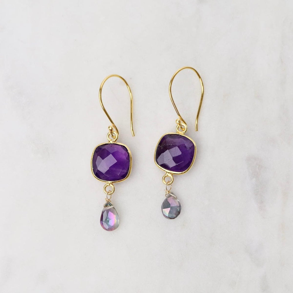 EAR-GF Amethyst Square Gold Bezel with Mystic Topaz Drops