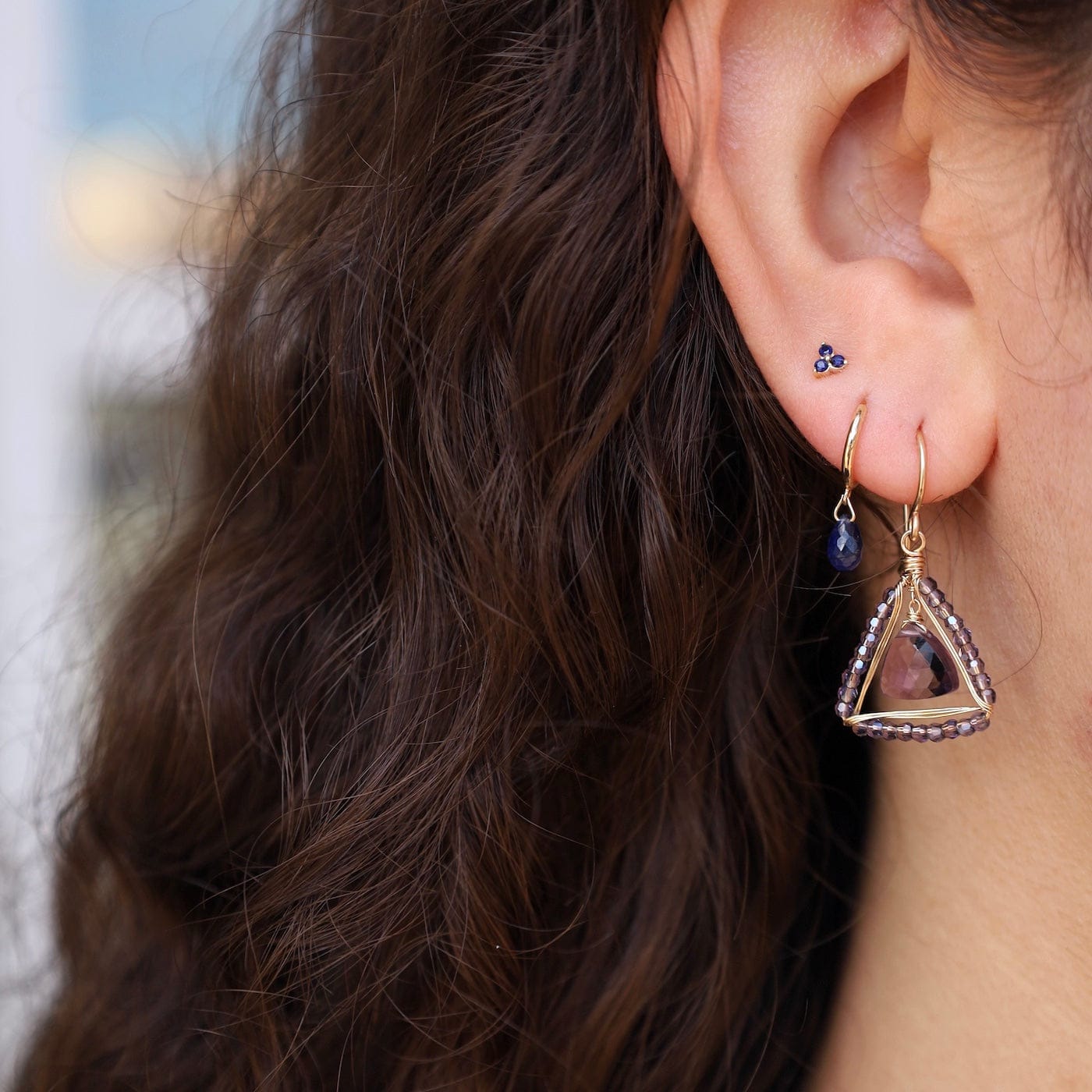 EAR-GF Amethyst Trillion with Wire Wrapped Translucent Io