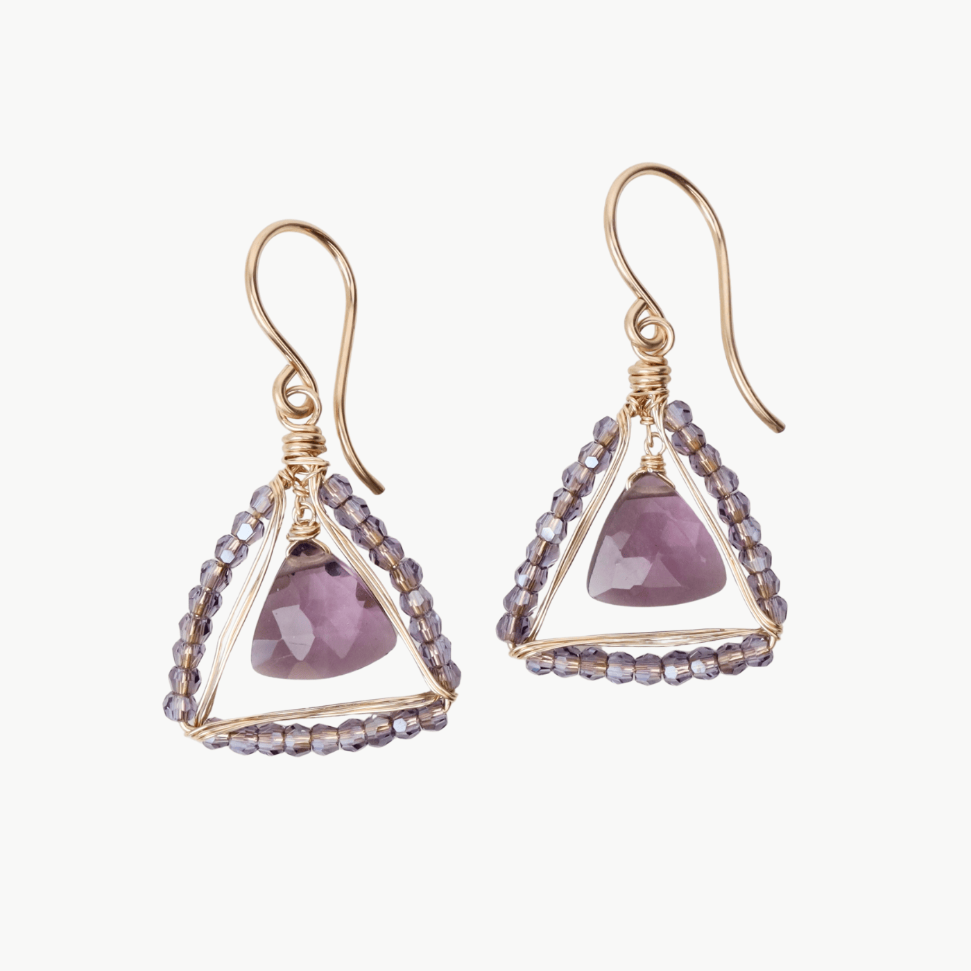 EAR-GF Amethyst Trillion with Wire Wrapped Translucent Io