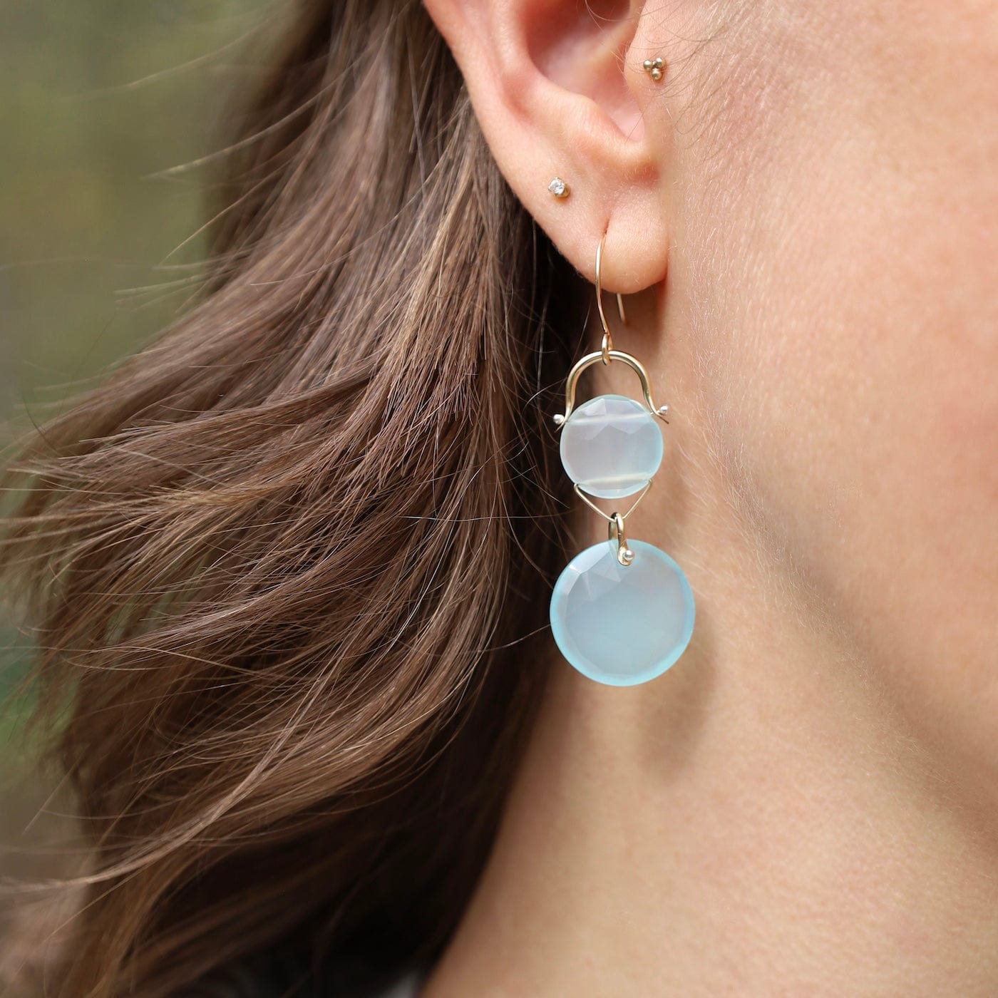 EAR-GF Aqua Chalcedony Coin Mosaic Earrings