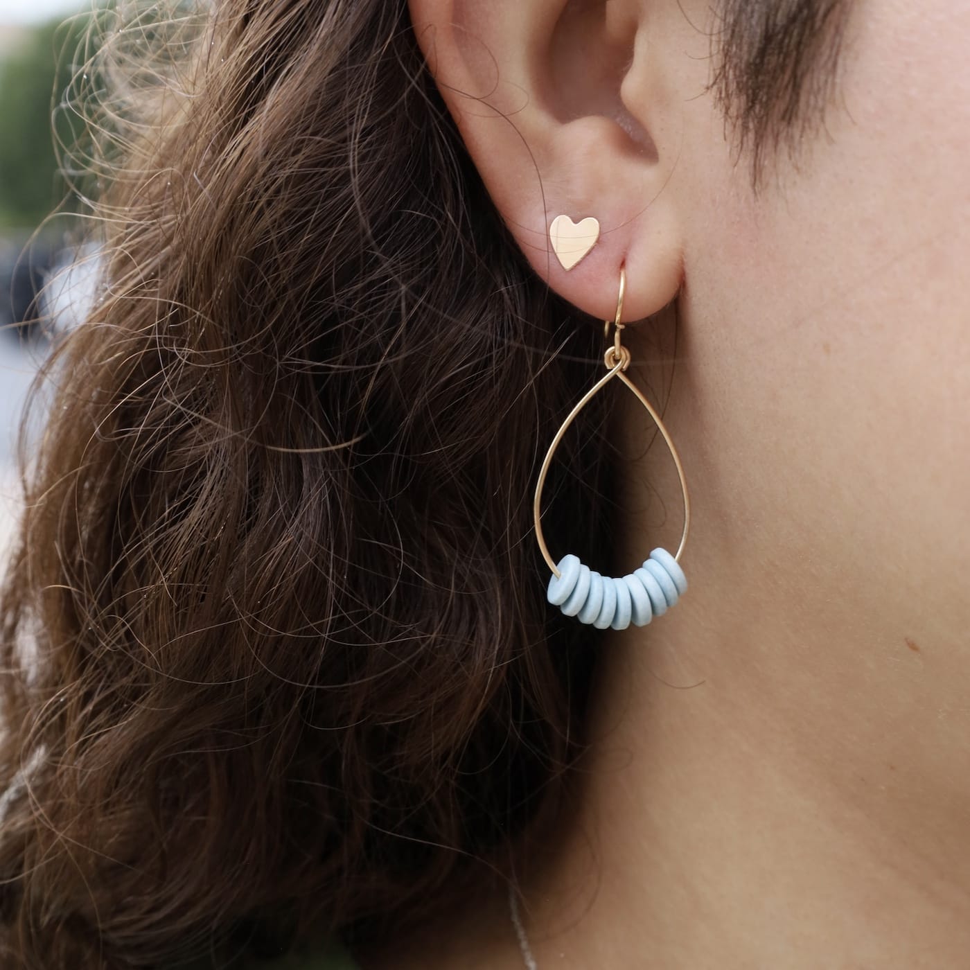 EAR-GF Blue Denim Heishi String Beads Gold FIlled Teardrop Earrings