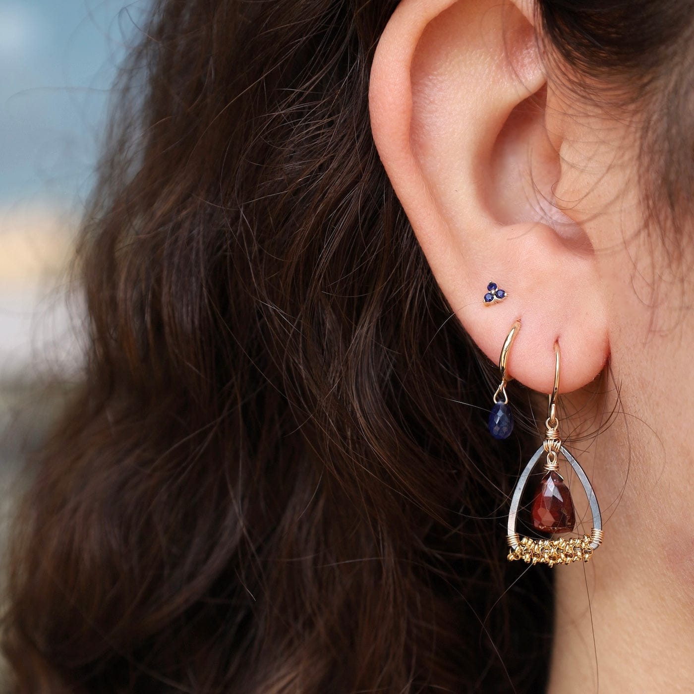 EAR-GF Darkened Silver with Gold Filled Fringe & Garnet
