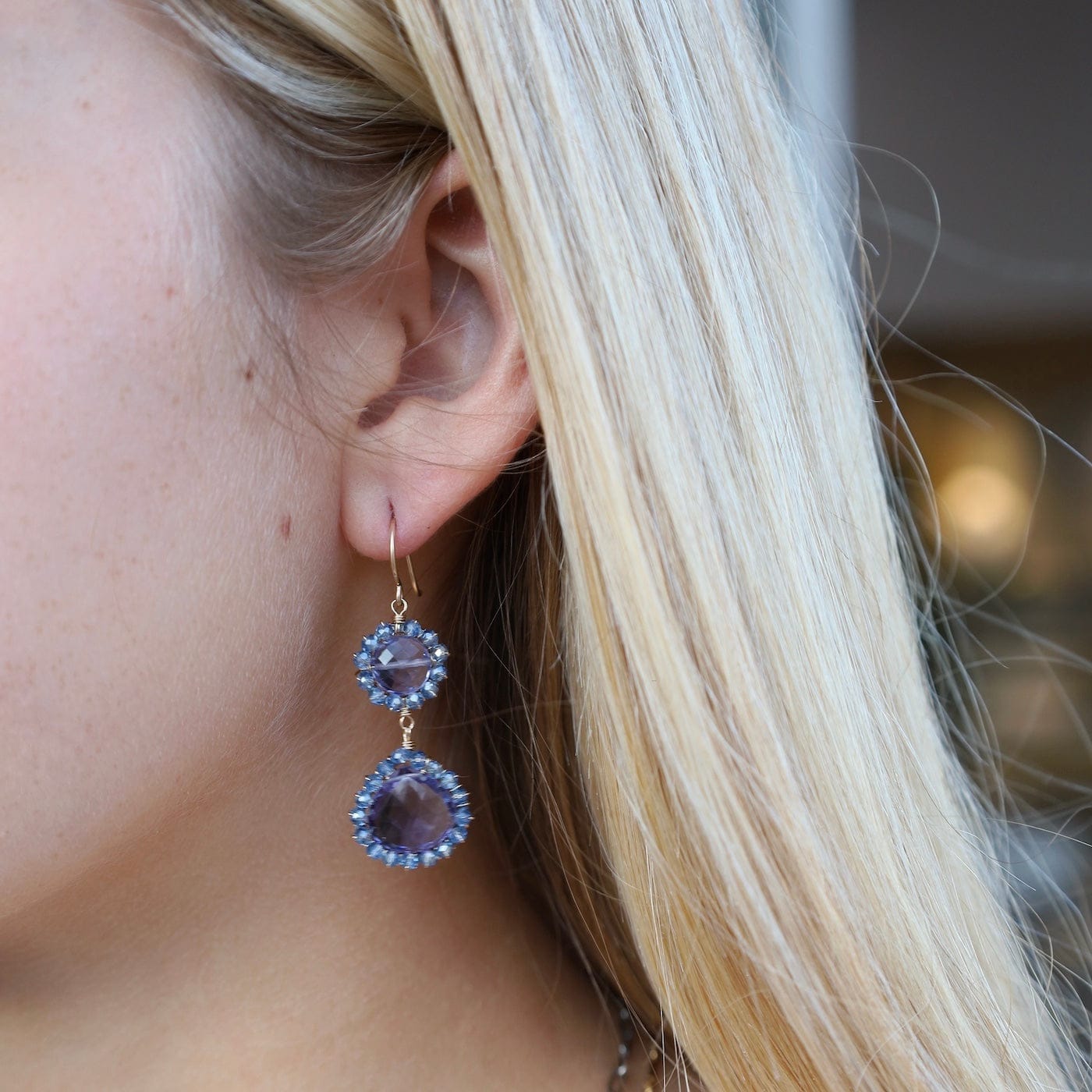 EAR-GF Double Drops of Darkened Silver Wrapped with Blue