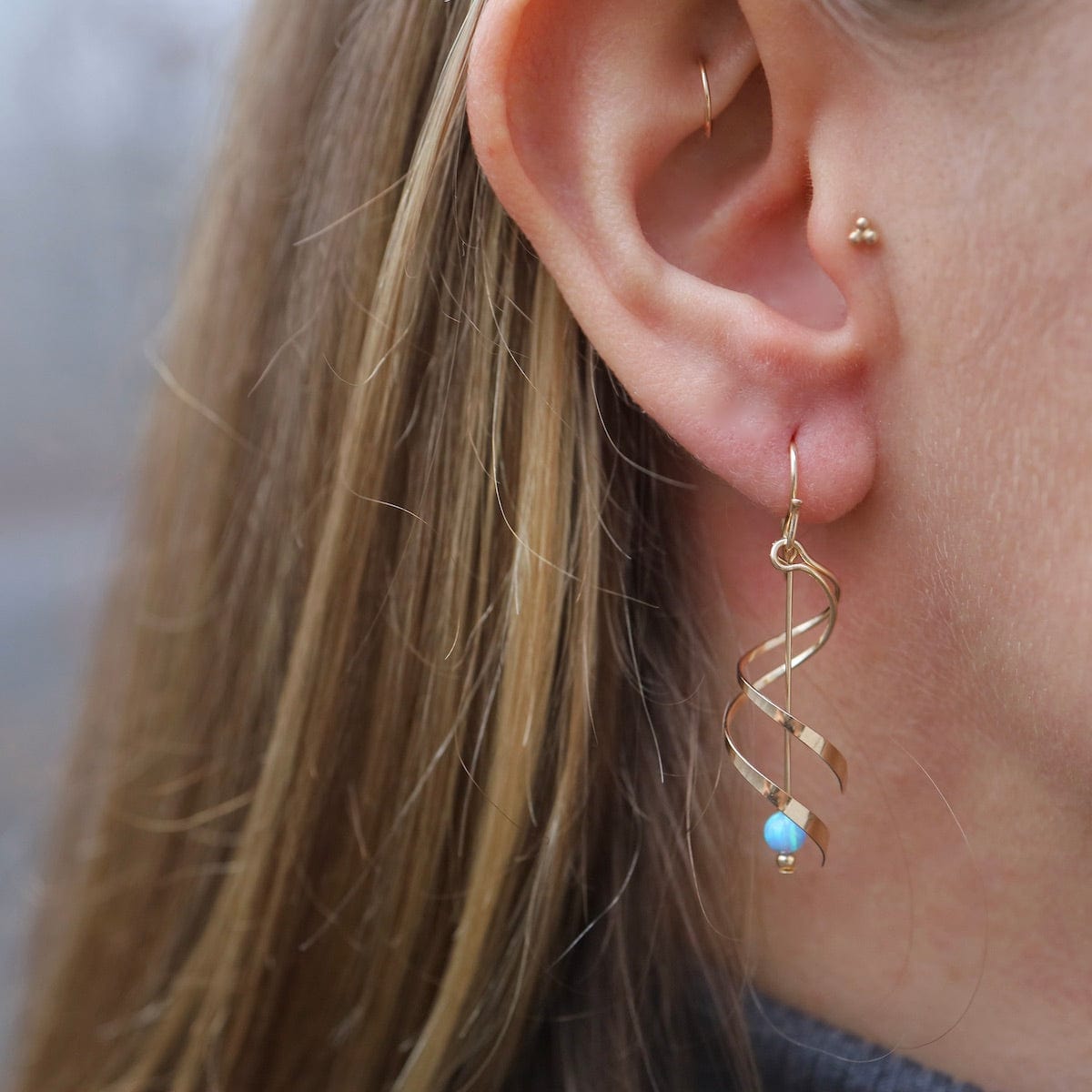 EAR-GF Double Spiral with Hanging Blue Opal Ball Earrings