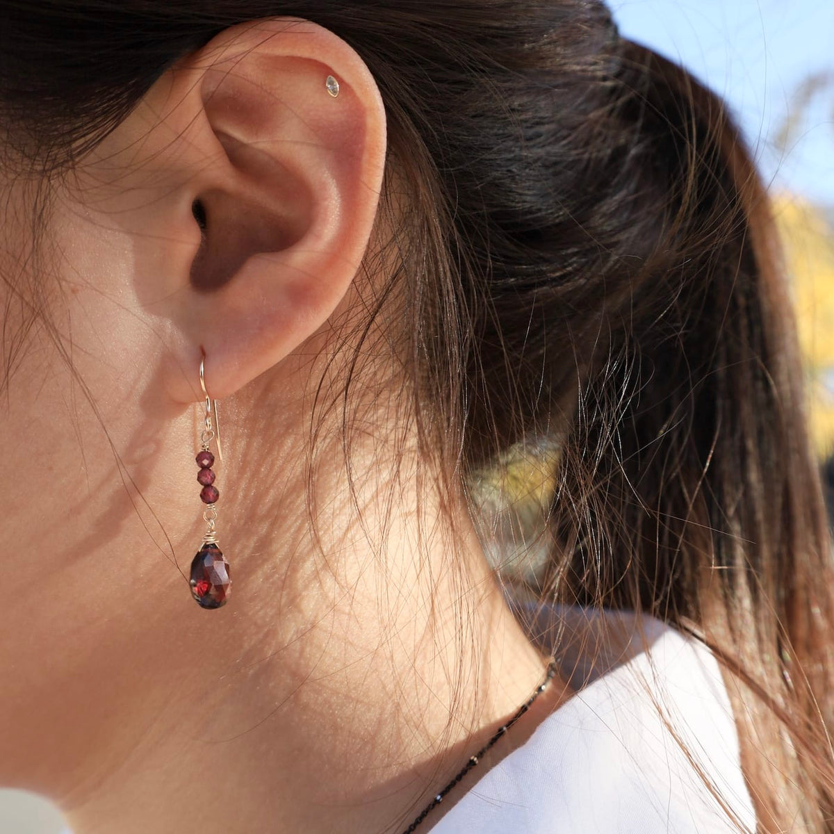 EAR-GF Garnet Drop with Rondelle Stack Earrings