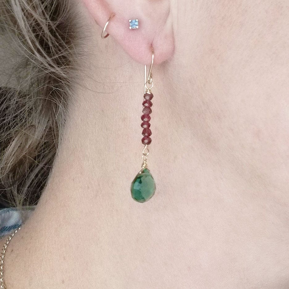 EAR-GF Garnet Rondelle Bar and Green Drop Earring