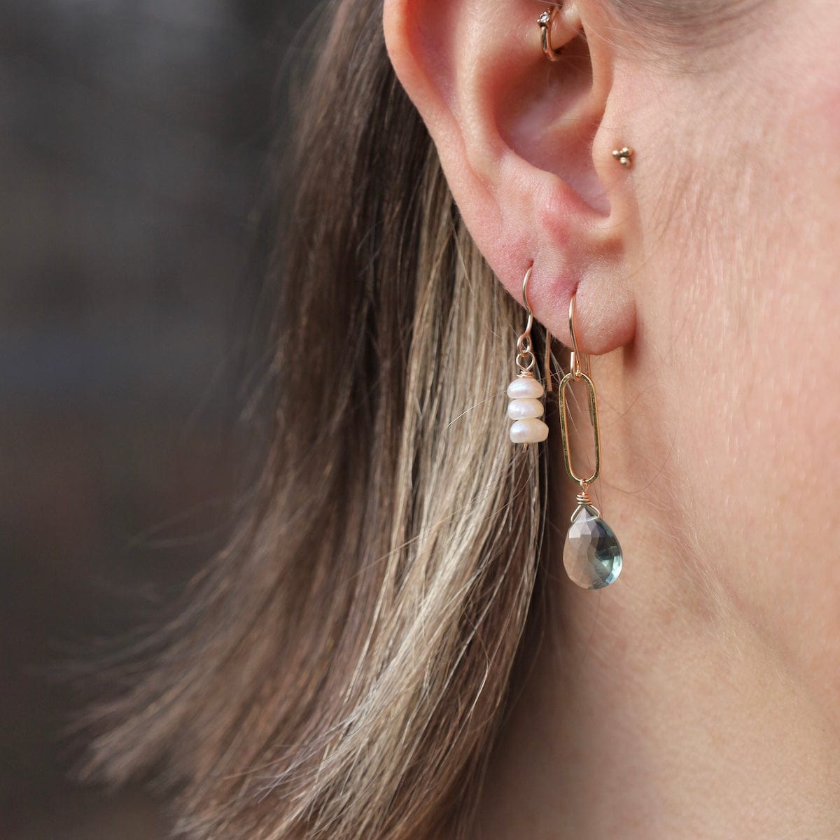 EAR-GF Gold Filled 3 Fresh Water Pearls Stack Drop Earrings