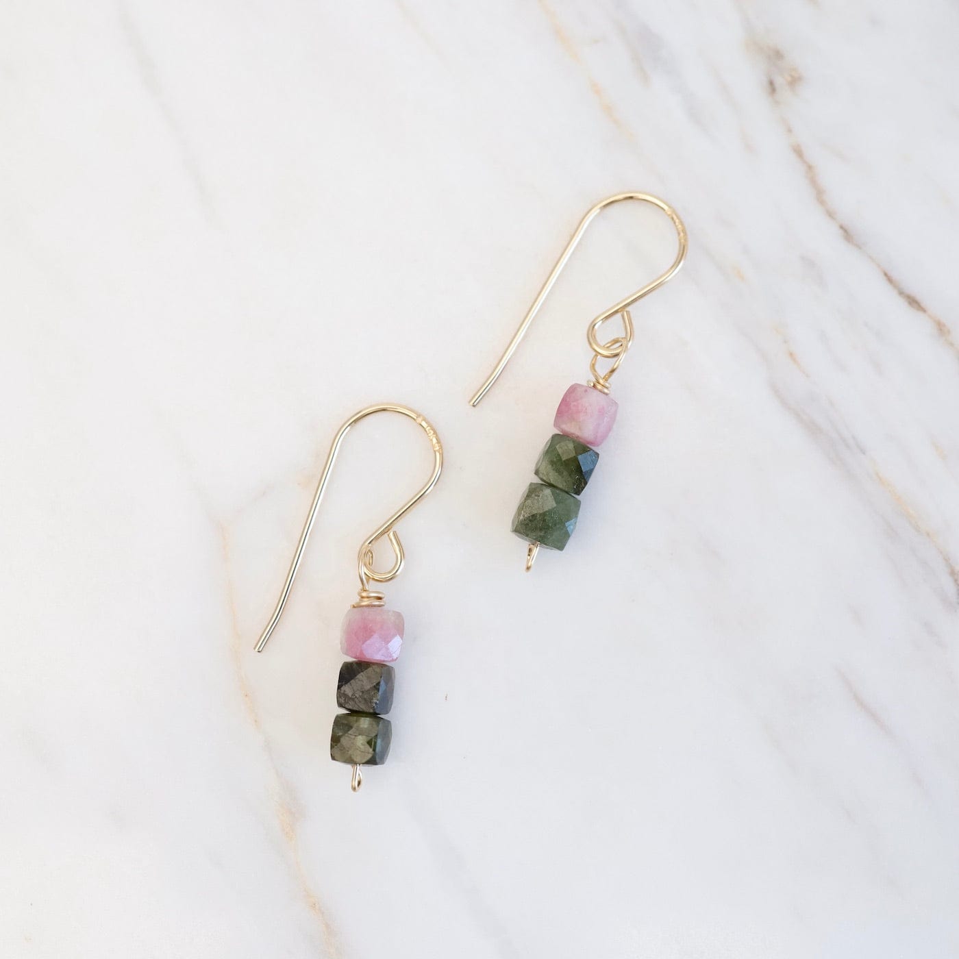 EAR-GF Gold Filled 3 Watermelon Tourmaline Cube Stack Drop Earring