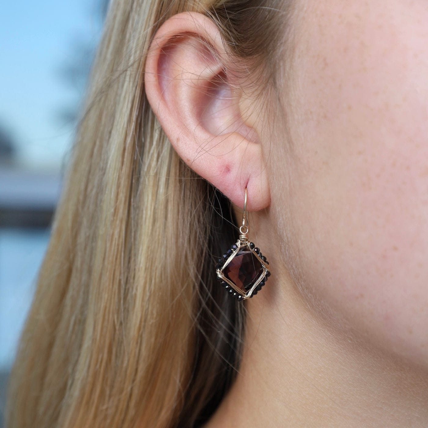 EAR-GF Gold Filled Amethyst Quartz with Jet Crystal Frame