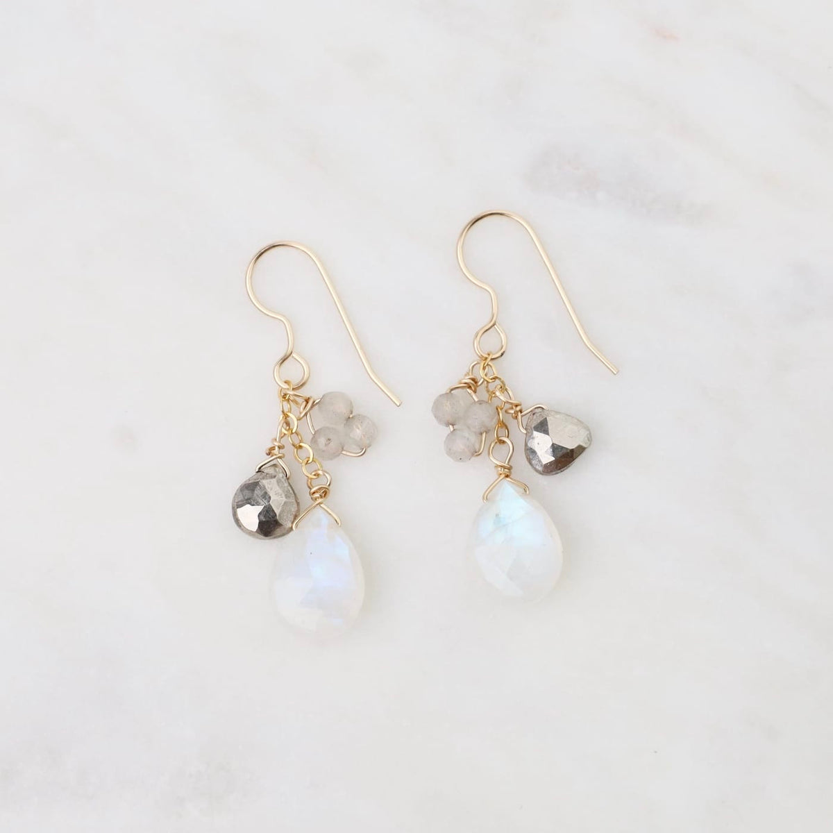 EAR-GF Gold Filled Chain With Rainbow Moonstone & Pyrite Earrings