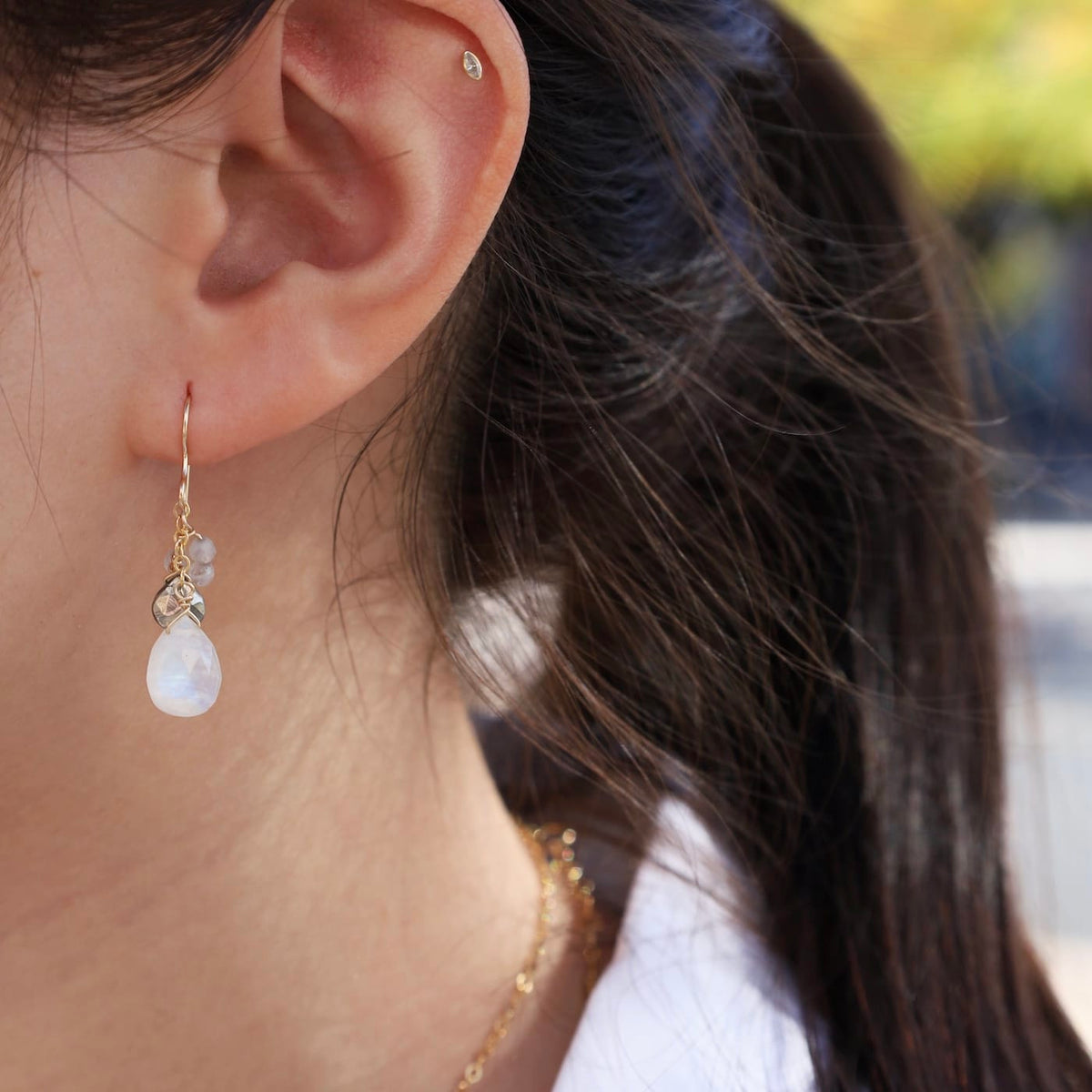 EAR-GF Gold Filled Chain With Rainbow Moonstone & Pyrite Earrings