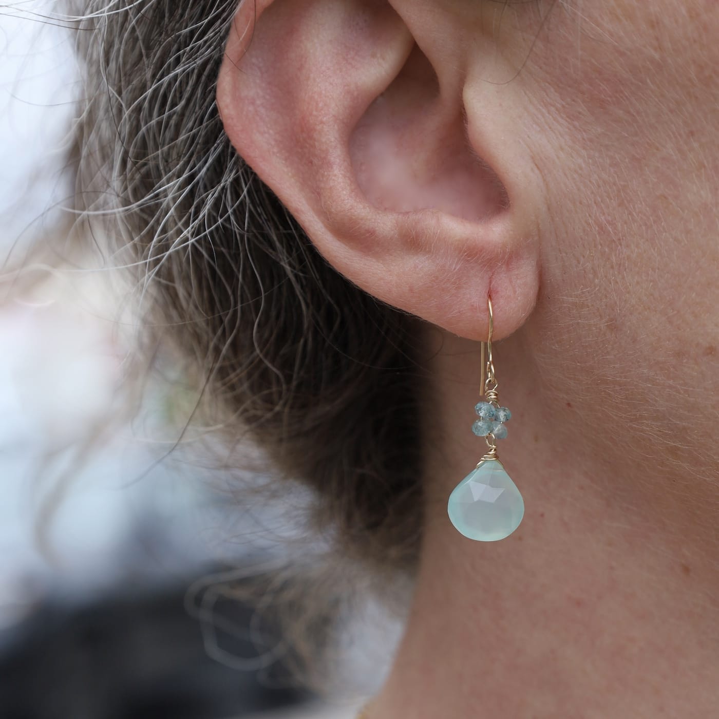 EAR-GF Gold Filled Flower Cluster With Blue Chalcedony Dr