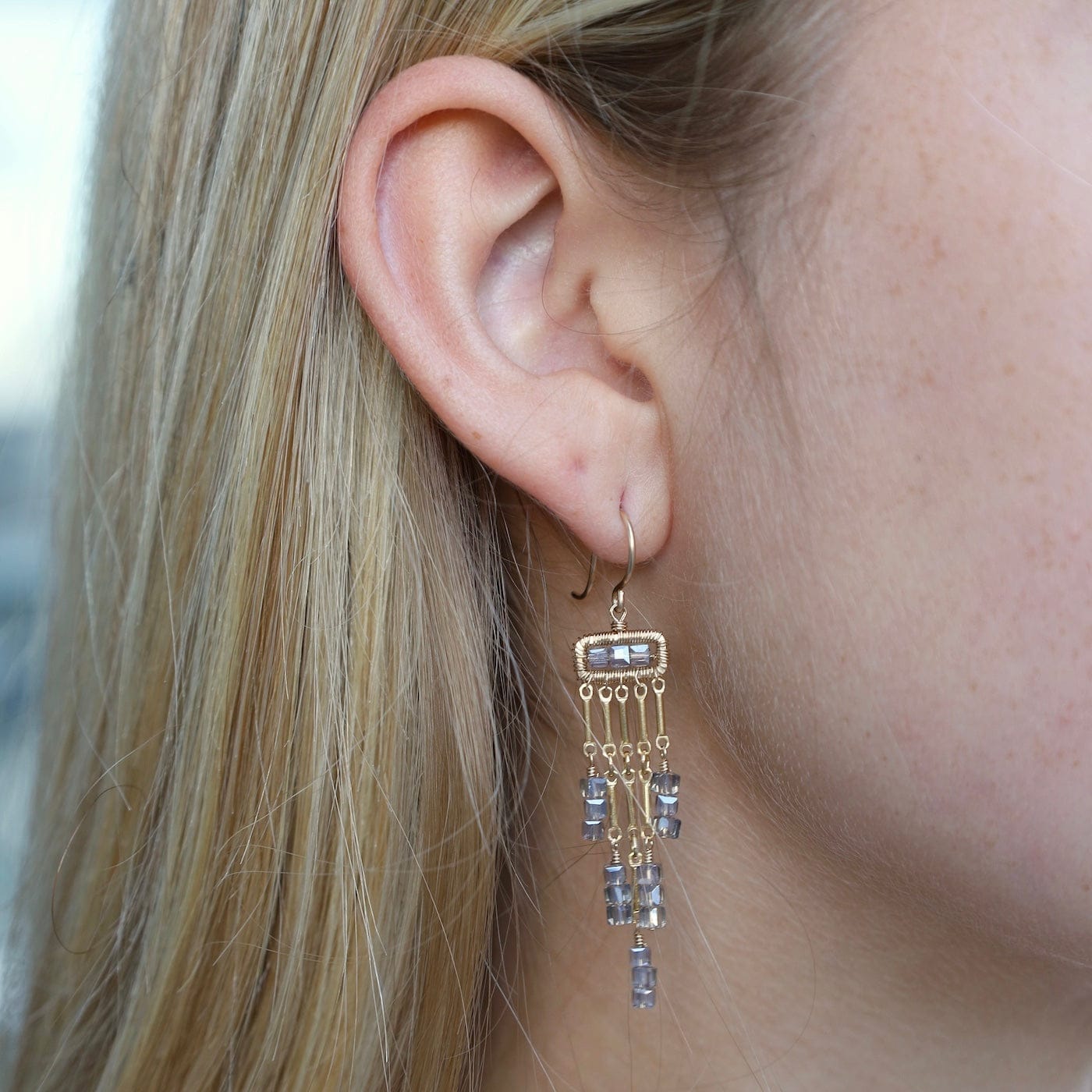 EAR-GF Gold Filled Fringe Earrings in Taupe Crystal