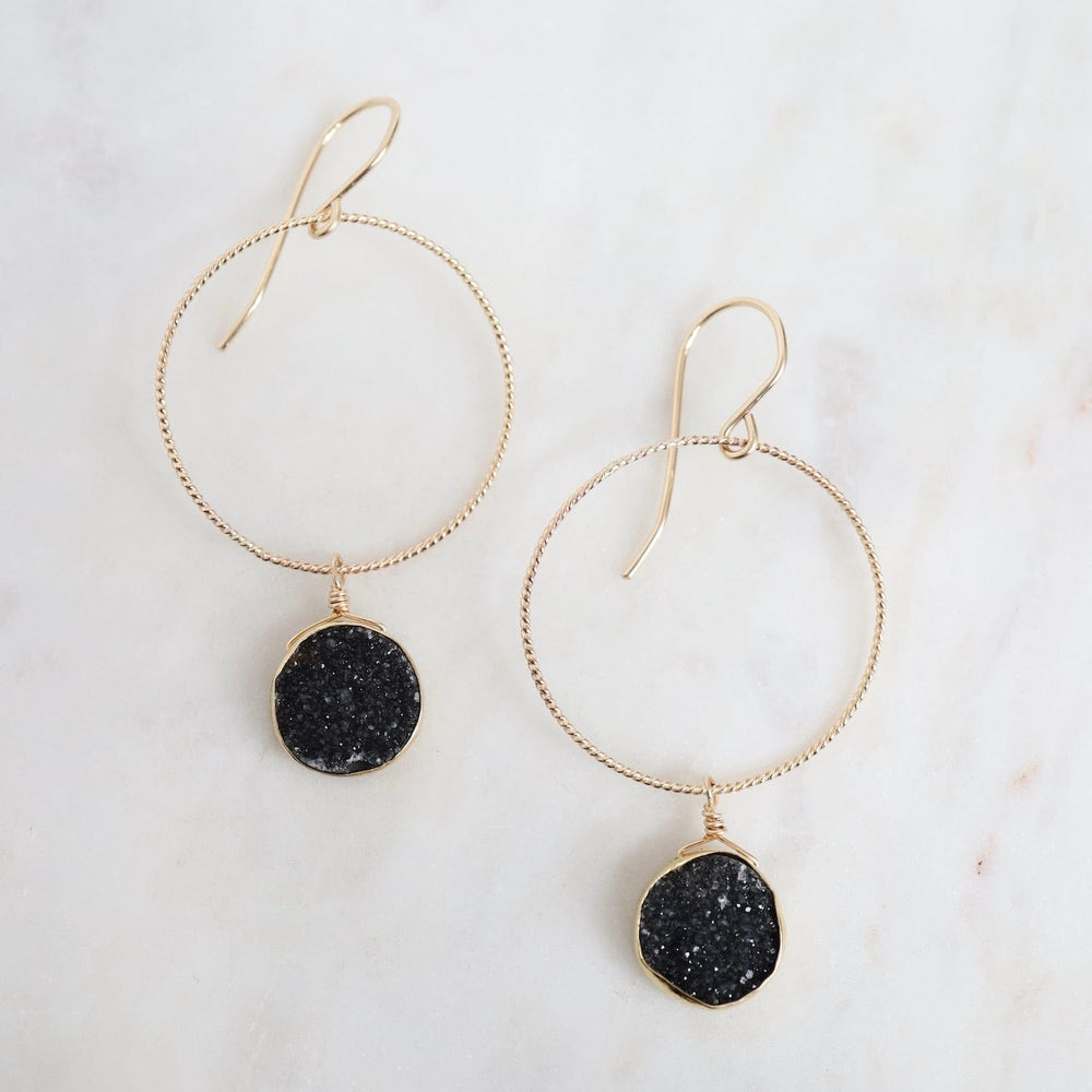 EAR-GF Gold Filled Hoop with Black Druzy Drop Earring