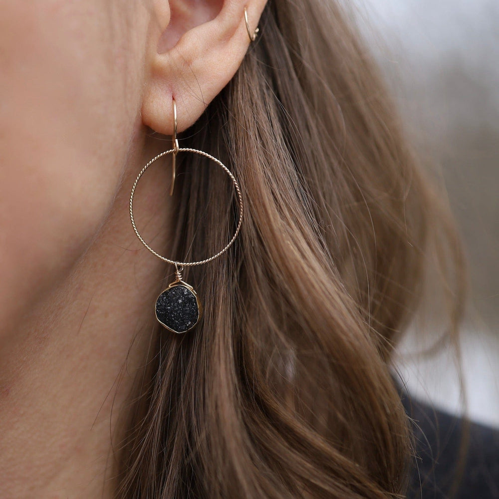 EAR-GF Gold Filled Hoop with Black Druzy Drop Earring