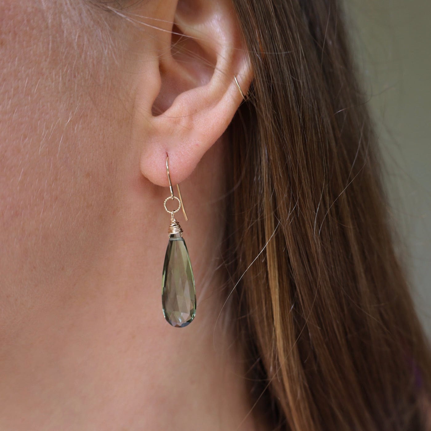 EAR-GF Gold Filled Long Green Amethyst Teardrop Earring