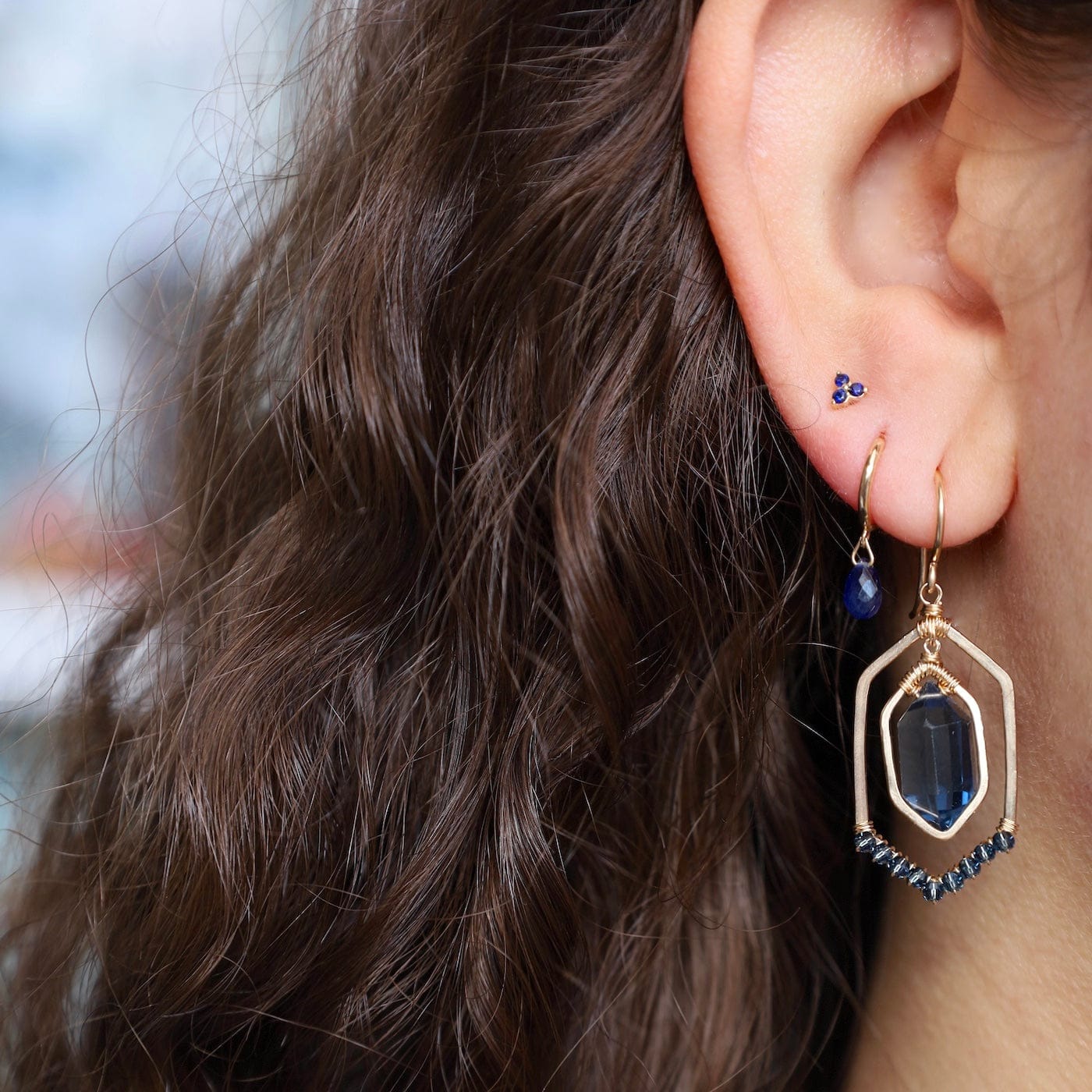 EAR-GF Gold Filled Long Hexagon Earrings in London Blue Q