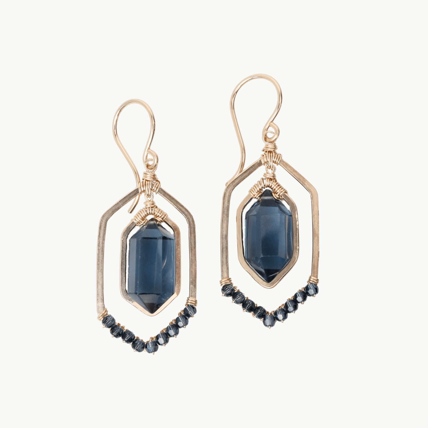 EAR-GF Gold Filled Long Hexagon Earrings in London Blue Q