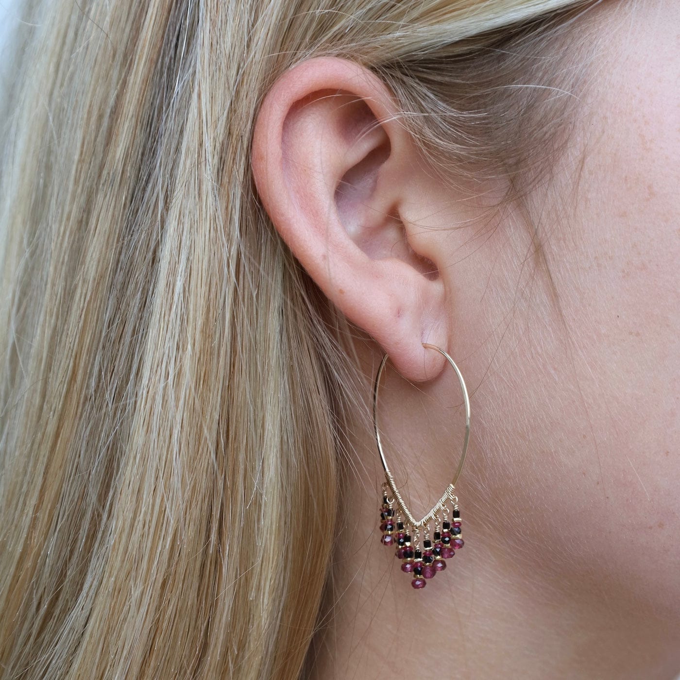 EAR-GF Gold Filled Teardrop Hoops wih Black Cherry Mix -