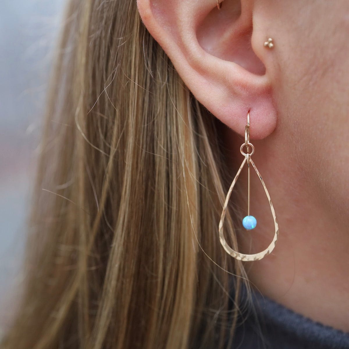 Gold Filled Teardrop with Hanging Blue Opal Ball Earrings