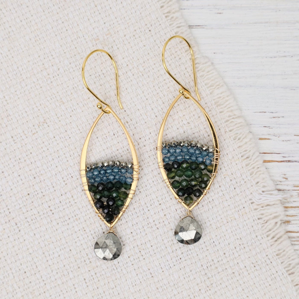 ear-gf Gold Marquise Pyrite, green tourmaline, quartz, 24