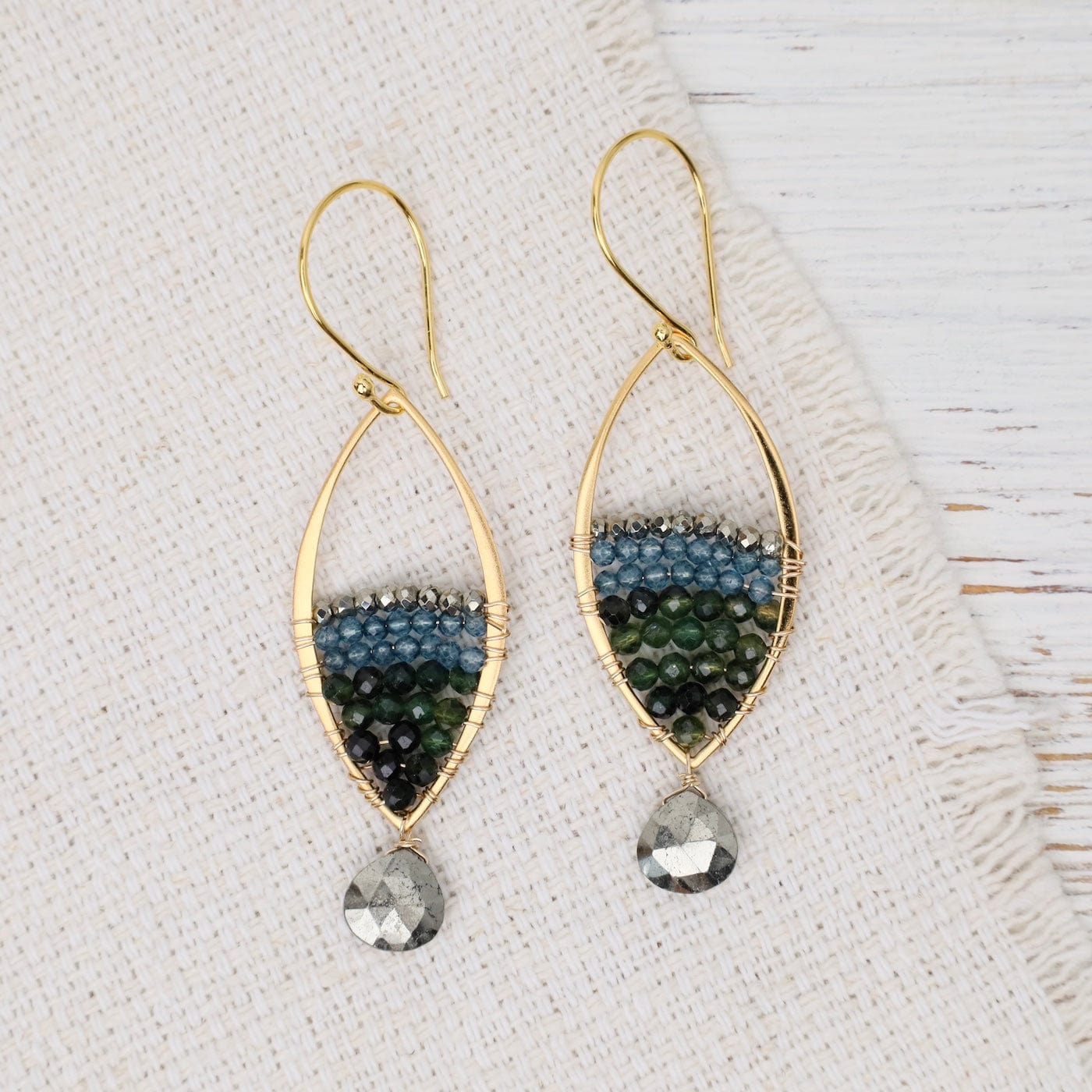 ear-gf Gold Marquise Pyrite, green tourmaline, quartz, 24