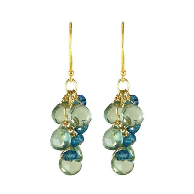 ear-gf Gold Waterfall Earrings Green Quartz & Blue Quartz