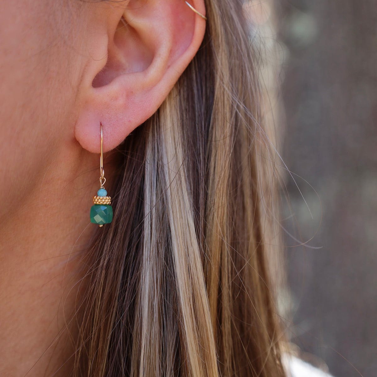 EAR-GF Green Onyx Cubes & Gold Vermeil Bead Earring
