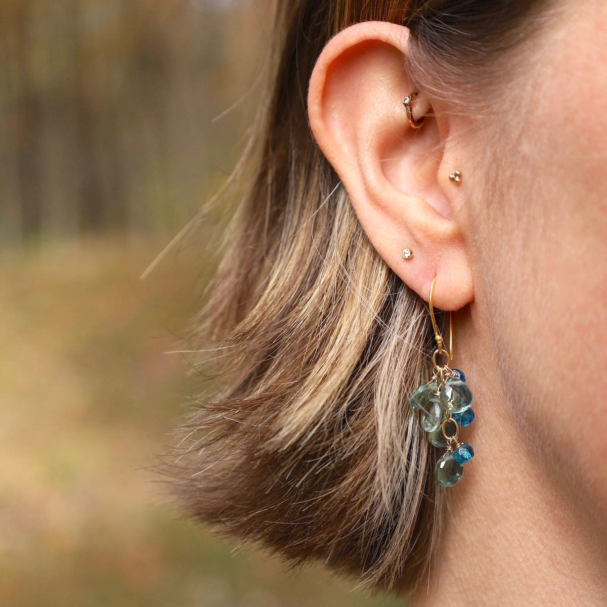 ear-gf Green Quartz & Blue Quartz Gold Waterfall Earrings